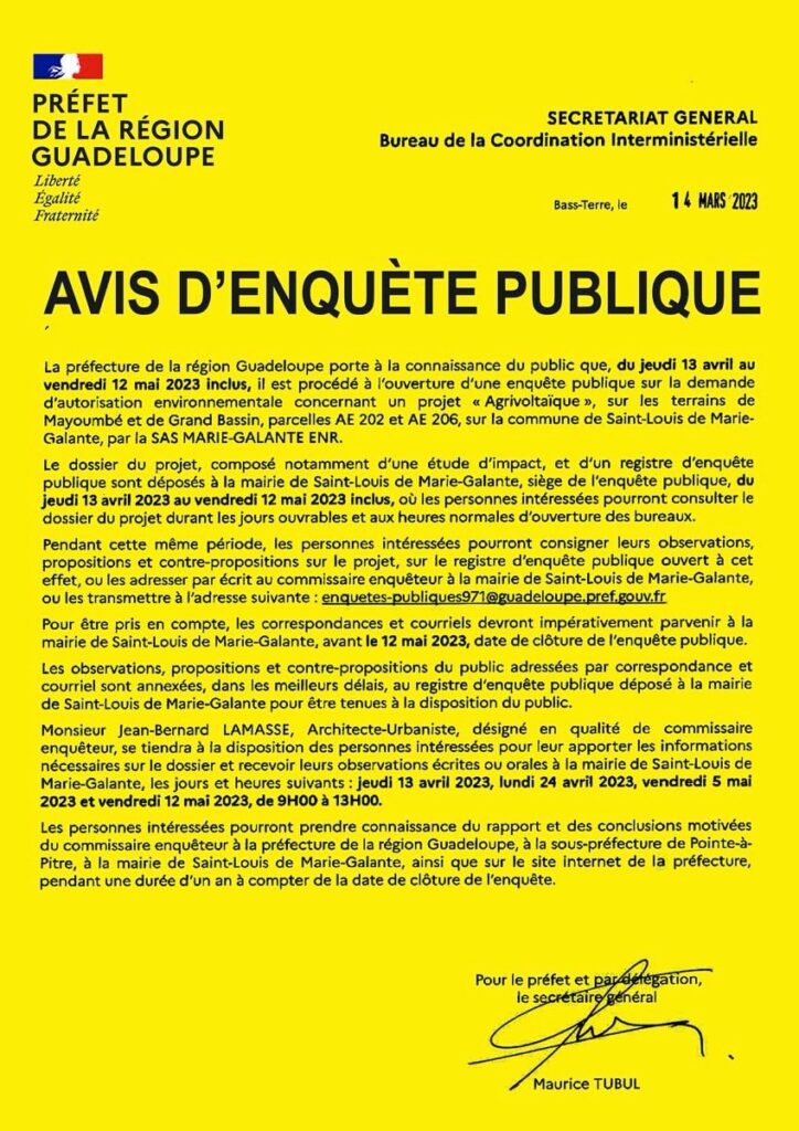 Copie de l'extrait d'information sur l'enquête publique du futur projet agrivoltaïque de Marie- Galante 