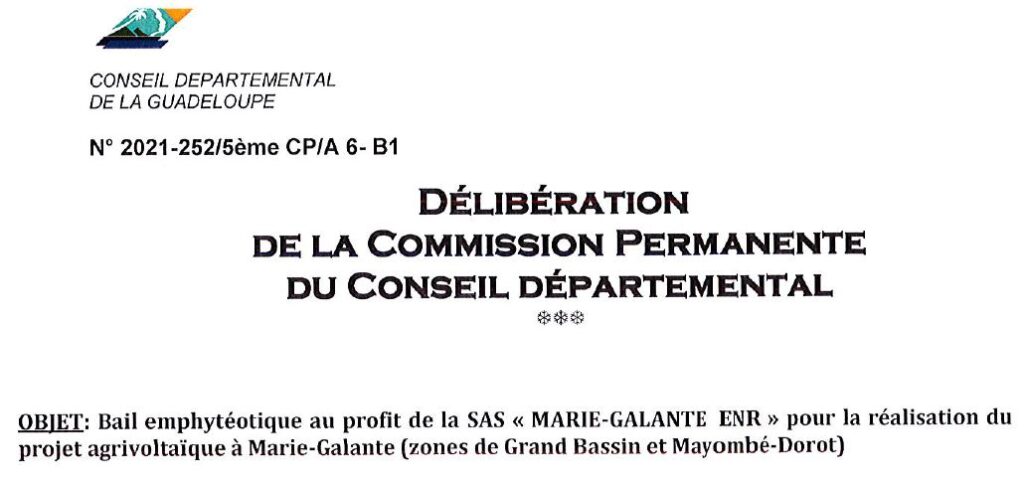 Page de garde de la délibération de la Commission permanente du Conseil départemental de Guadeloupe concernant le projet agrivoltaïque de Marie-Galante.